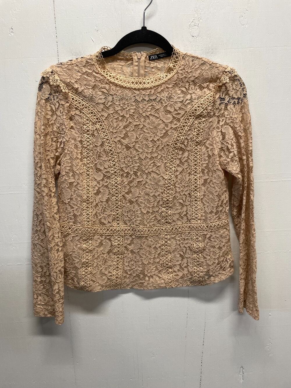 Zara Women's Long Sleeve Lace Blouse High Mock Neckline Size XS Beige